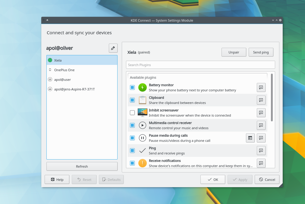 KDE Connect System Settings Module on Linux KDE Plasma